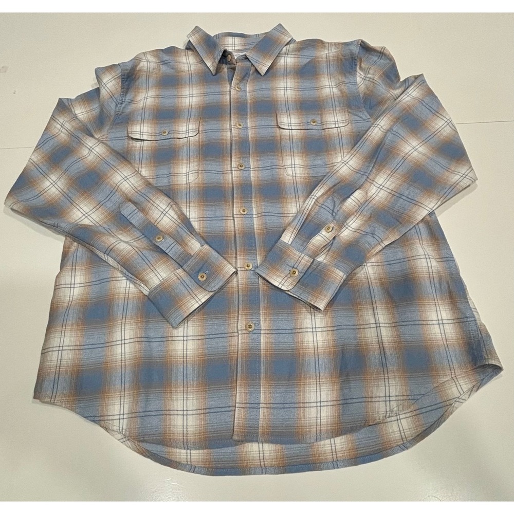 Lucky Brand Women's XL Classic Fit Blue Tan Plaid Flannel Button Down Shirt